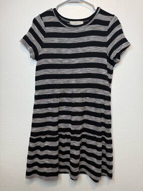 Loft Short Sleeve Ribbed Black & Grey Striped Textured Knit Dress Size Small